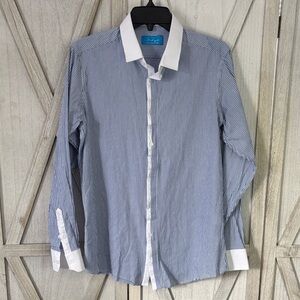 St. Lynn 100% Organic Cotton Striped Banker Shirt - Blue/White Medium